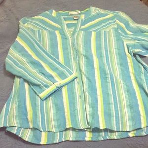 Teal/lime striped button down blouse